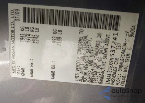 2009 Nissan Altima 2.5 S z USA, uszkodzony, nr VIN 1N4AL21EX9N537241